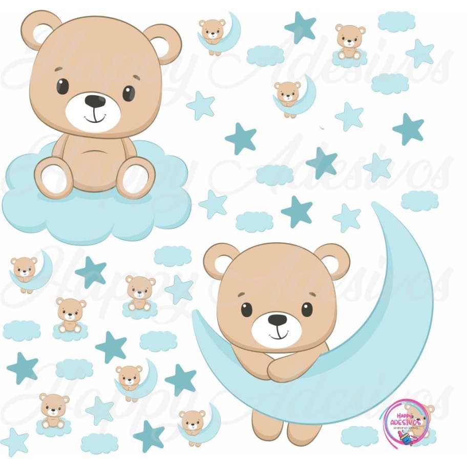 Kit 52 Adesivos Parede Quarto Decoração Ursinho Azul Bebe Nuvenzinha Estrelinha