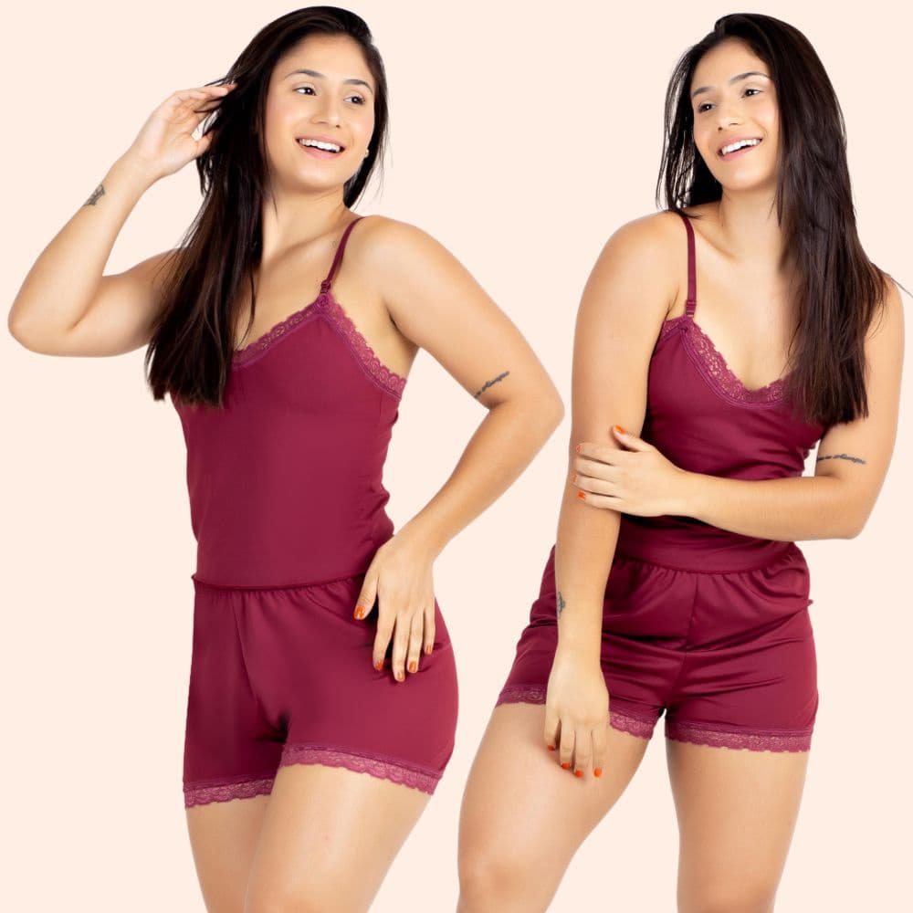 Short Doll Pijama Feminino Marsala Short Doll Adulto Baby Dool