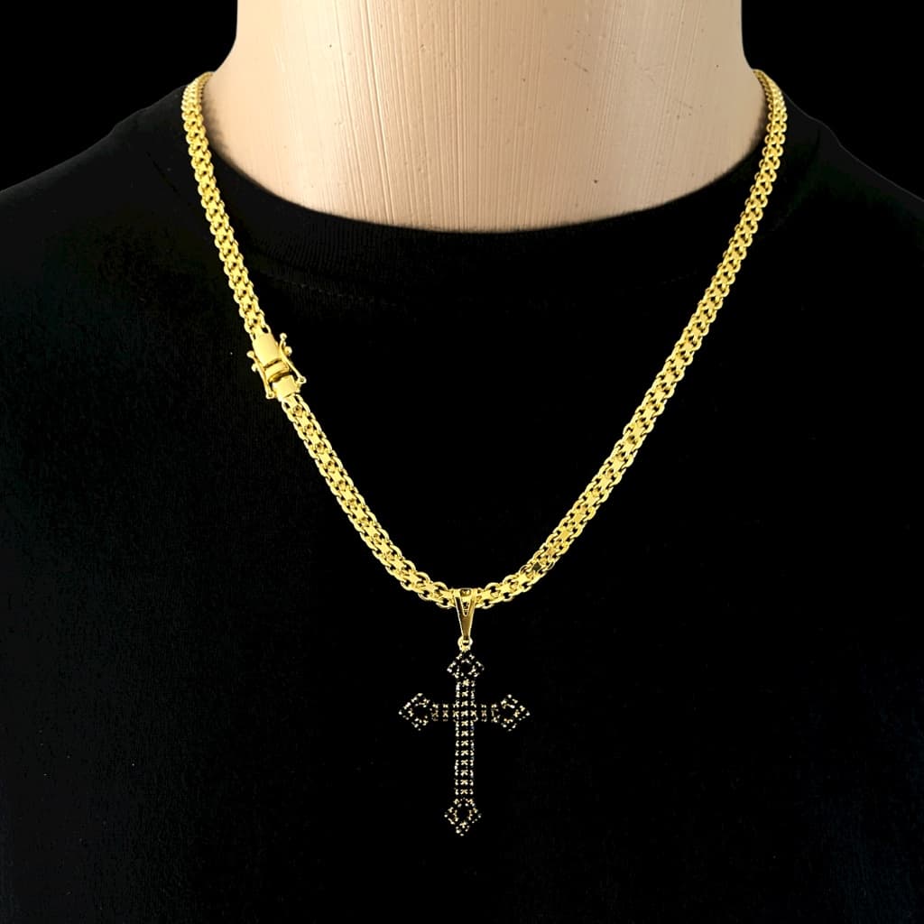 Cordão Cadeado Duplo 7mm CRUZ COM ZIRCÔNIA Com 70 Centímetros Liga de Metal Especial BANHADO A OURO 18K - FEIXO GAVETA PREMIUM 3 TRAVAS