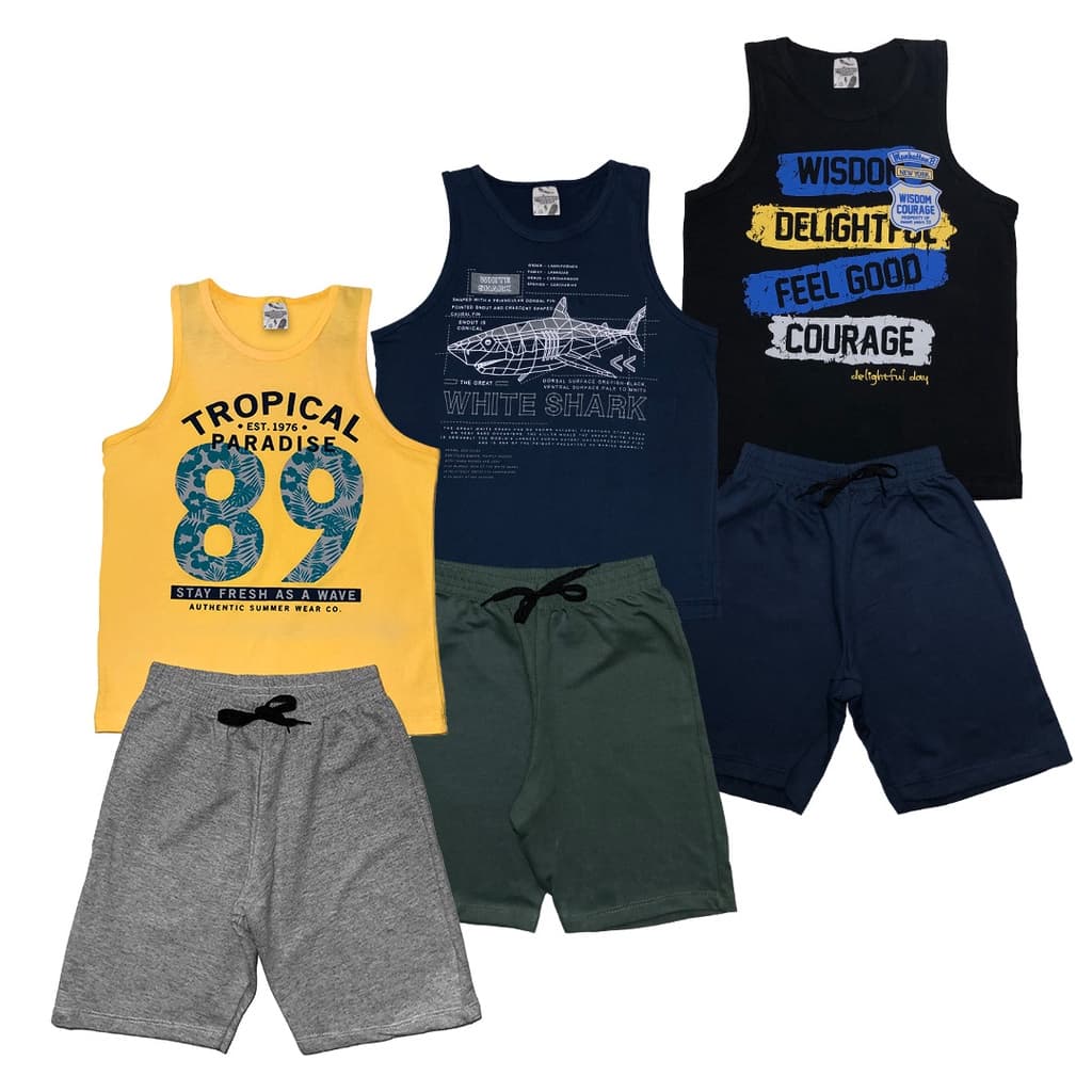 Kit 6 Peças Infantil Verão Menino 3 regatas + 3 Shorts