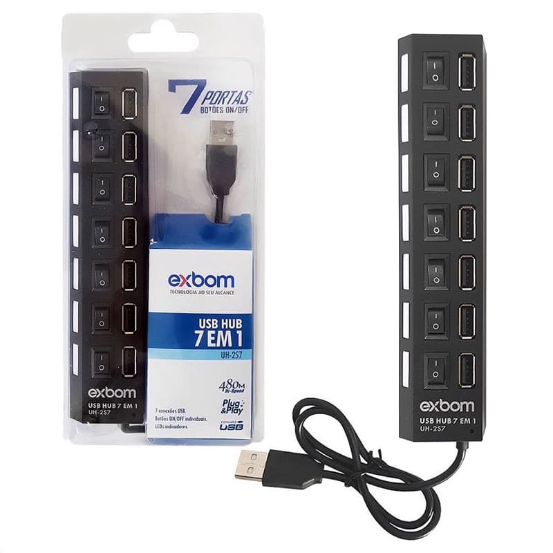 Hub USB 7 Portas 2.0 com LEDs Indicadores e Botões ON/OFF Individuais Exbom UH-2S7