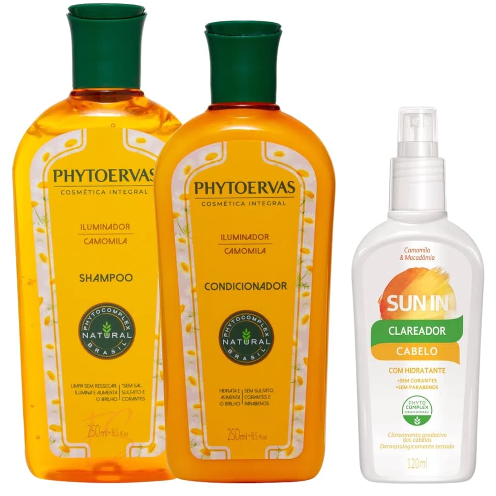 Kit Shampoo 250ml + Condicionador 250ml Camomila + Sun in Clareador Cabelo 120ml Phytoervas