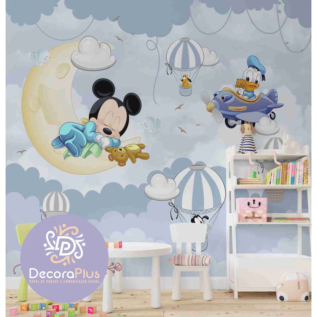 Papel De Parede Foto Mural Inteira Personalizado Infantil Balão Mágico Aviãozinho Disney Mickey
