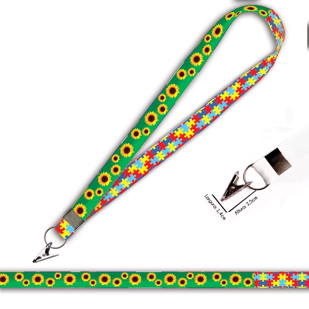Cordão personalizado Girassol e Quebra Cabeças para crachá ou chaveiro com Jacaré com Argola