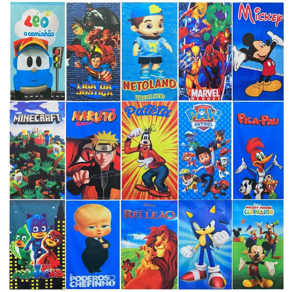 Toalha de Banho Praia Infantil Estampada Personagens Meninos 1,40mt Naruto Homem Aranha Bolofofos