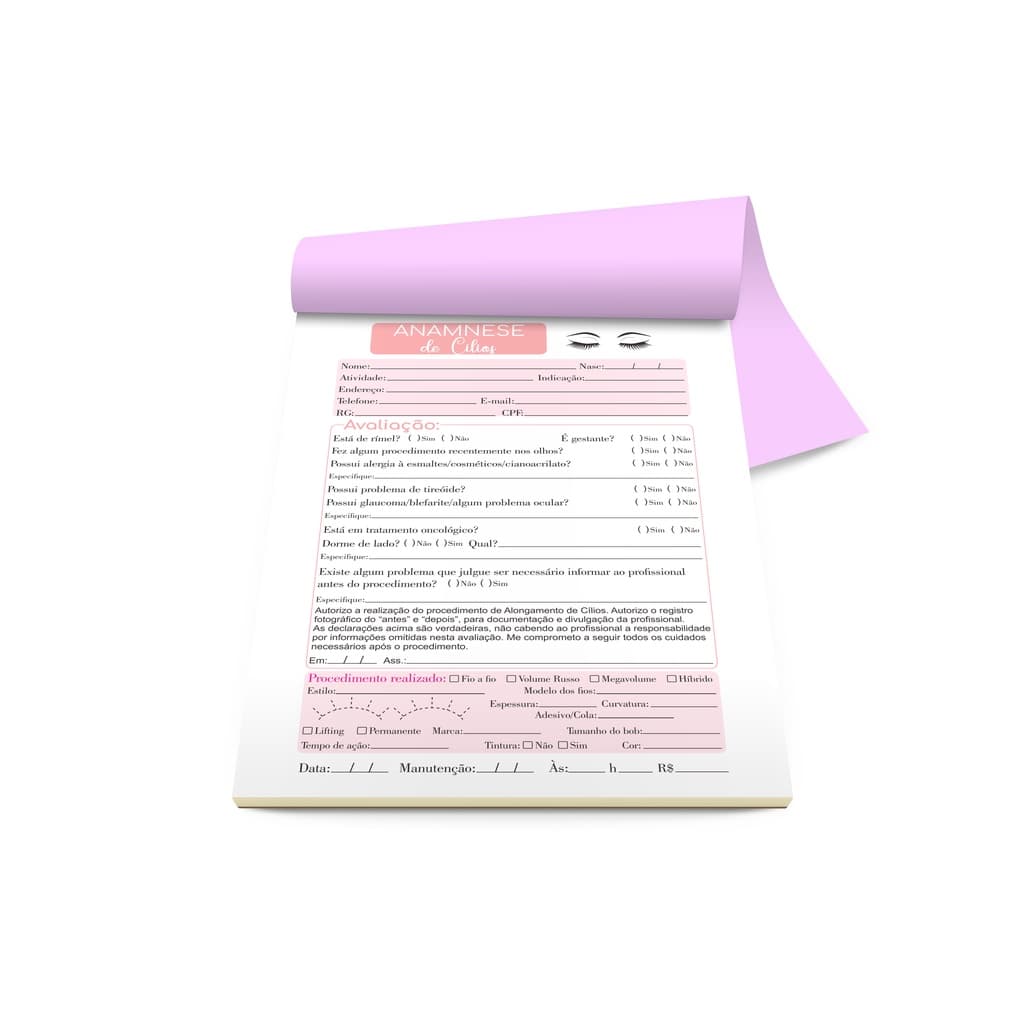 Bloco Ficha Anamnese Extensão/Alongamento de Cílios