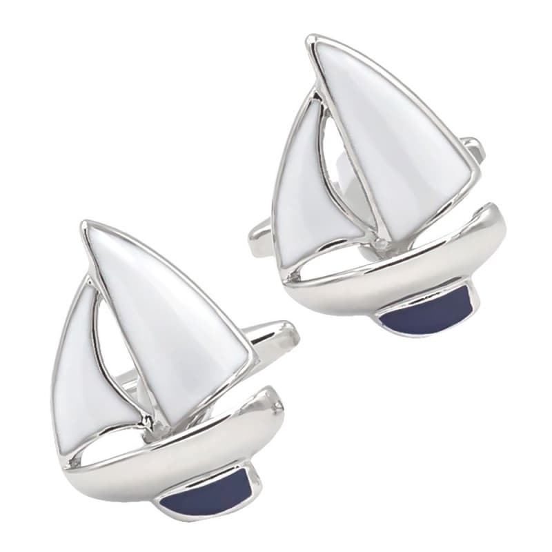 Acessórios de Moda: Abotoaduras de Alta Qualidade com Esmalte Branco em Forma de Barco à Vela, Abotoaduras de Metal para