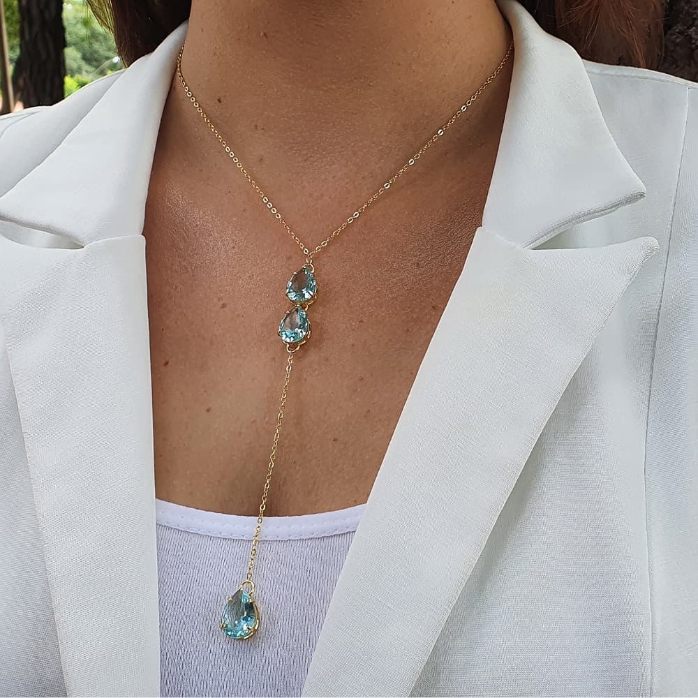 Colar Longo Pedra de Gota Azul Claro Folheado A Ouro 18k