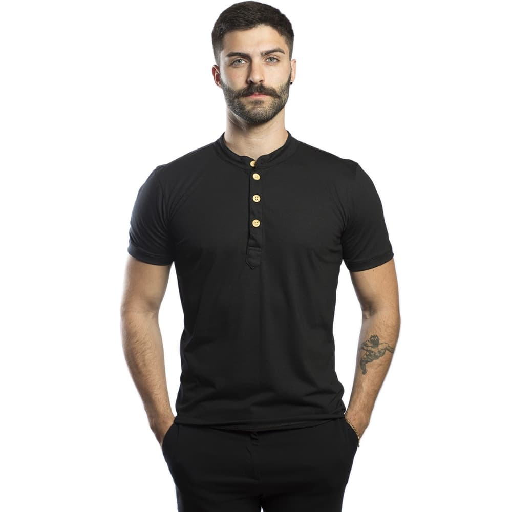 Camisa Henley Slim Manga Curta Gola Padre Com Botão de Madeira