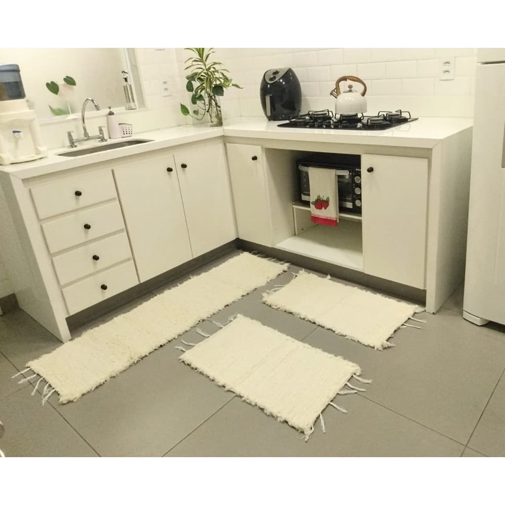 Tapetes de Cozinha Kit 3 pçs Algodão Cru Off White Boho