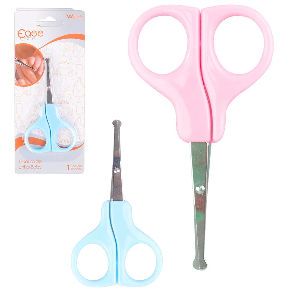 1 Tesoura De Unha Infantil Bebê Rosa Ou Azul Ponta Redonda