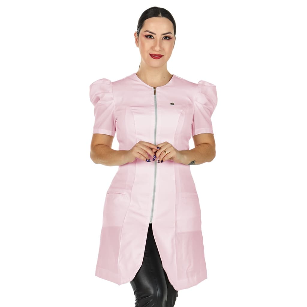 Jaleco Feminino Acinturado Manga Curta Bufante Princesa Rosa Bebê Esteticista Salão de Beleza