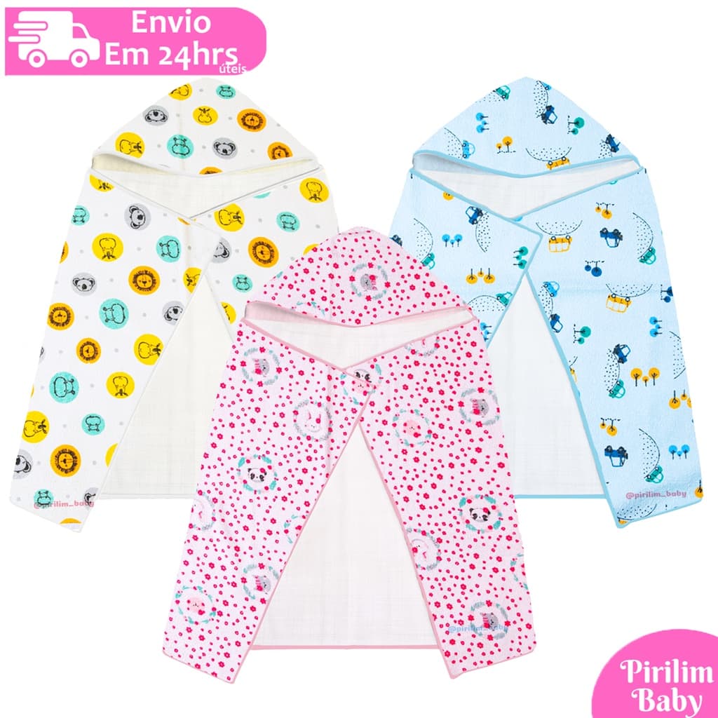 Toalha De Banho Felpuda Papizinha Forrada com Capuz Estampada 70cm x 70cm