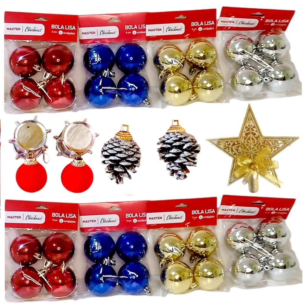 Kit 32 Bolinhas de Natal 5cm + 6 Pendentes e Ponteira 15cm Kit Natalino
