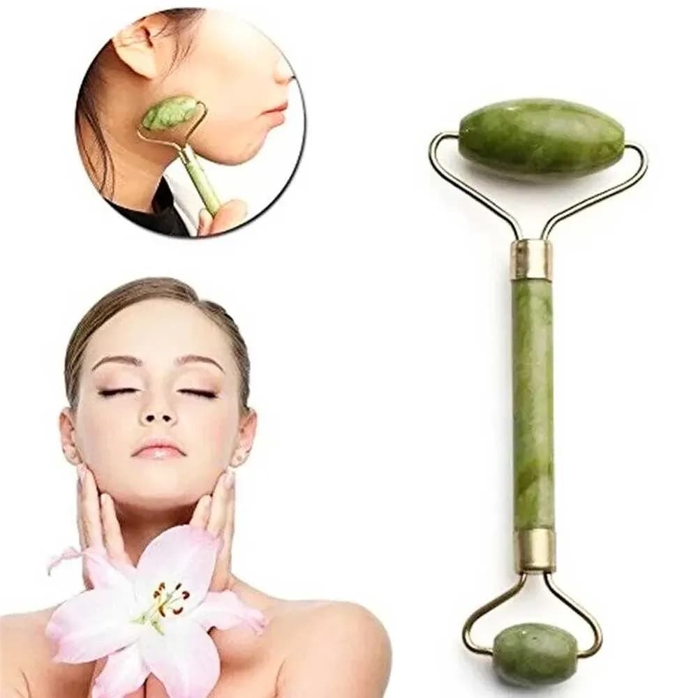 Massageador Facial de Duas Pontas Com Pedras de Jade Naturais Massageador de Rolo Varinha de Massagem Facial- ROLO VERDE
