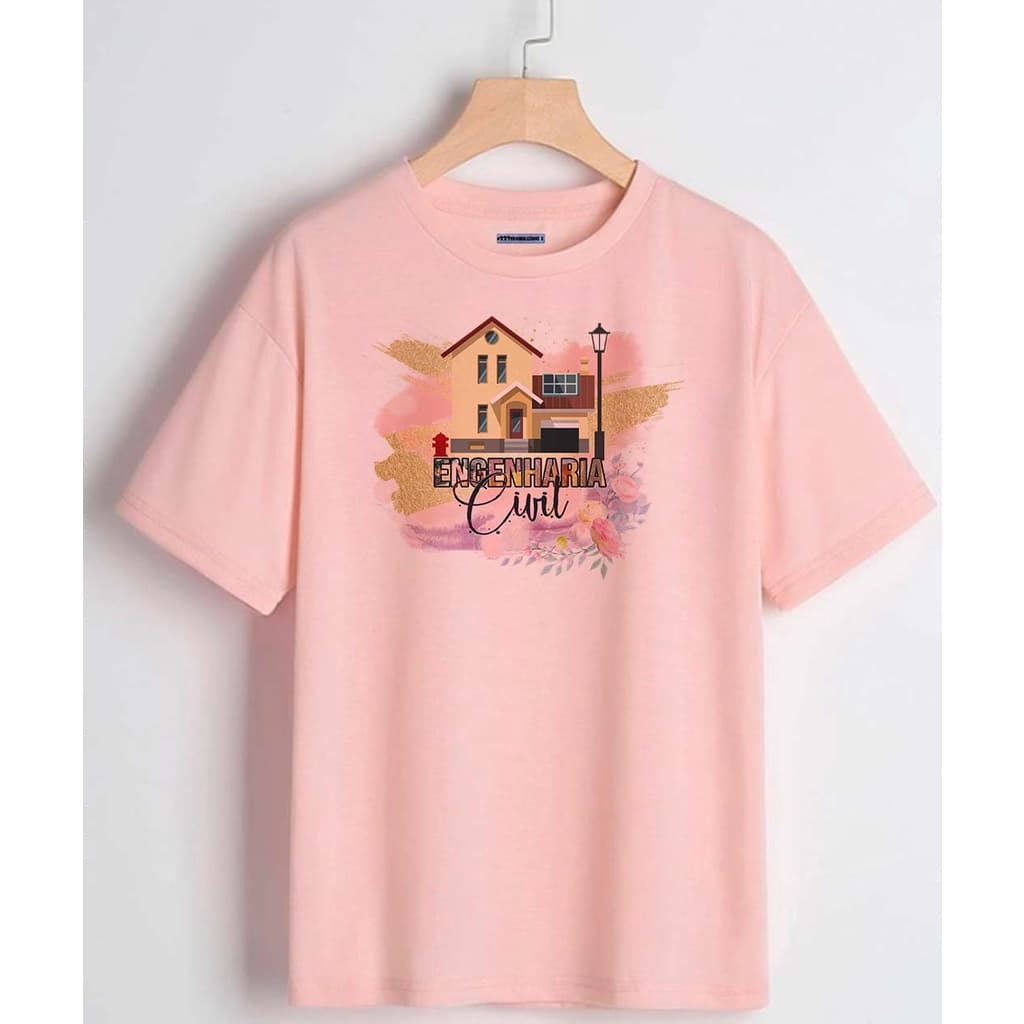 Camiseta Personalizada Rosa Bebê Estampa Engenharia Civil, Camiseta Engenharia Civil 100% Poliéster