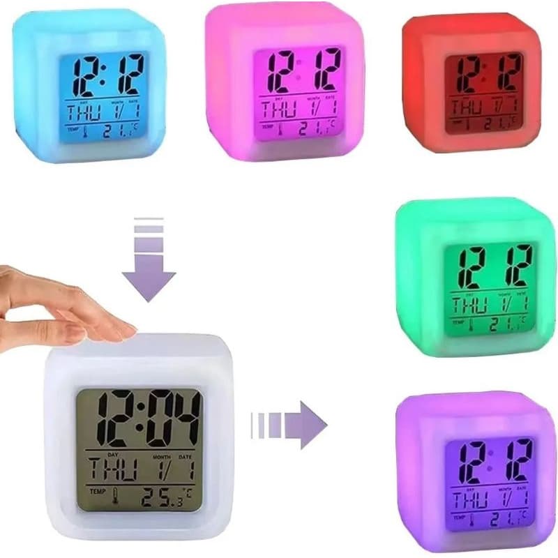 Cubo Relógio Da Mesa Digital Despertador Led 7 Cores
