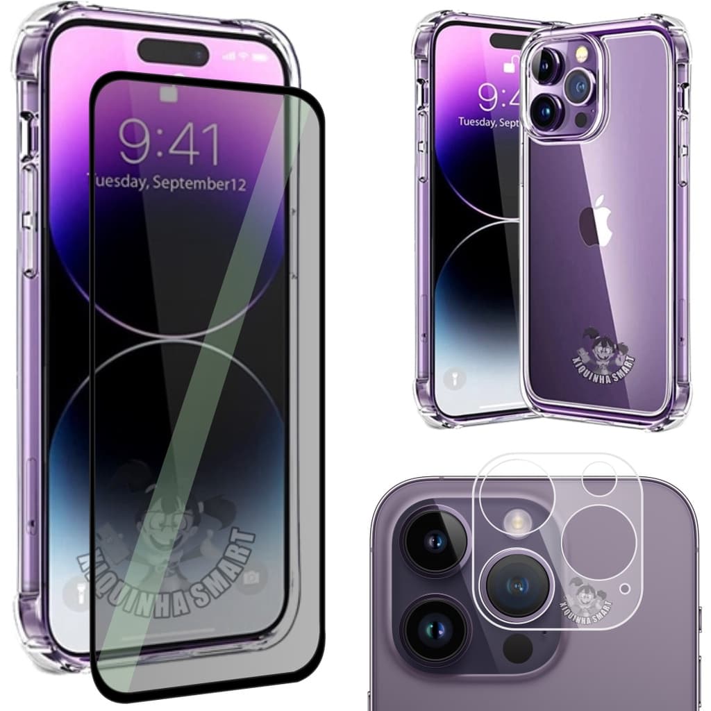 Kit Para IPhone 14 Pro Max | Película Privacidade 3D + Película da Câmera 3D + Capa Capinha Case