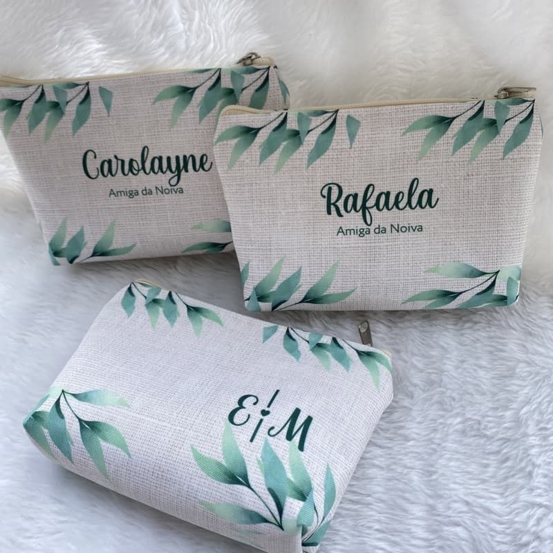 Necessaire Personalizada com Nome, Folhagem na cor Verde p/ Madrinhas, Mãe da Noiva, presente, lembrancinha.
