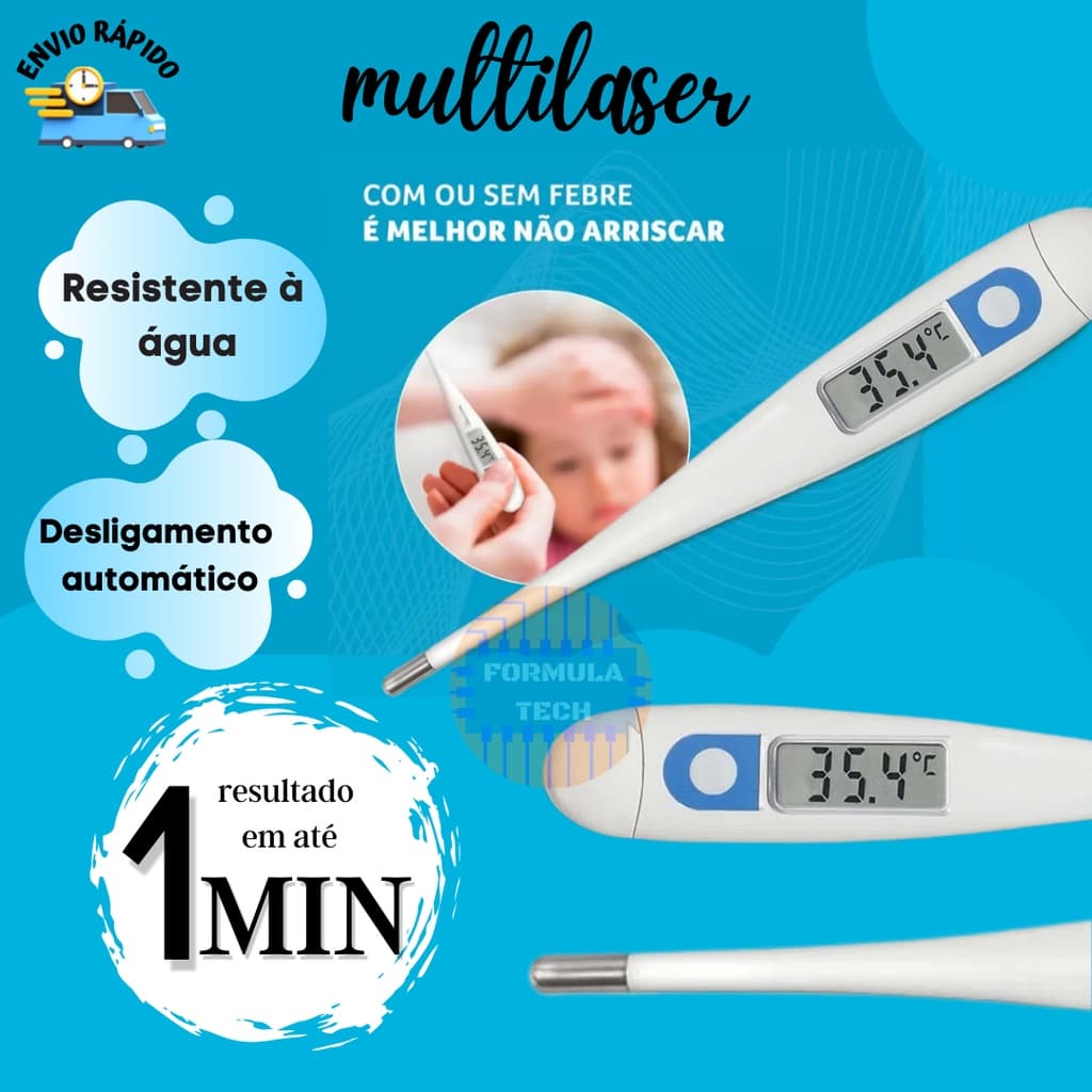 Termômetro Digital Clínico Febre Adulto Infantil - Branco Multilaser HC070 C/ NF – Rápido À Prova D'água, Anvisa/INMETRO