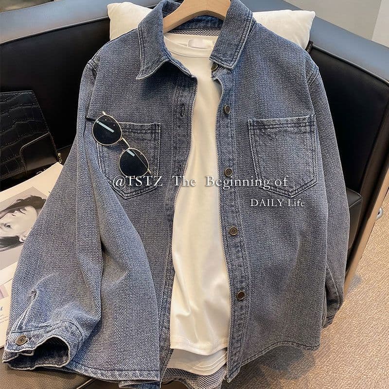 Jaqueta jeans feminina camisa solta exclusiva High-End padrão de escama de peixe tecido estilo grosso versão coreana na