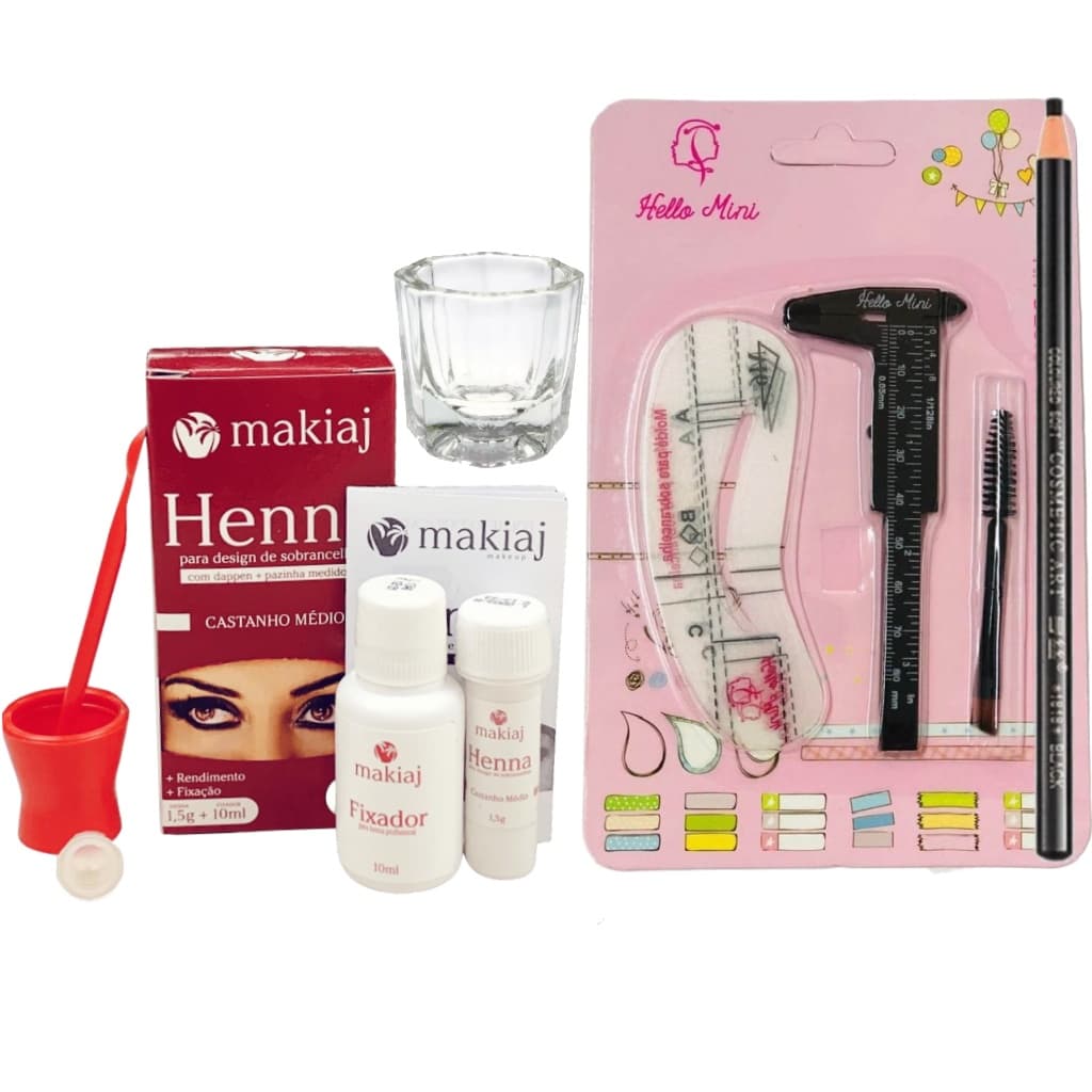 Kit Designer Sobrancelha Henna Makiaj Pincel Duplo Lapis Dermatografico Paquímetro Dappen 6 Moldes