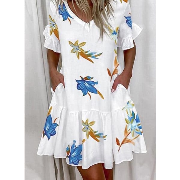 Vestido De Rufos De Verão Casual Largo Linha A Feminino Manga Curta Com Decote Em V Estampa Floral Vestidos De Praia Boho 2023 P-5xg