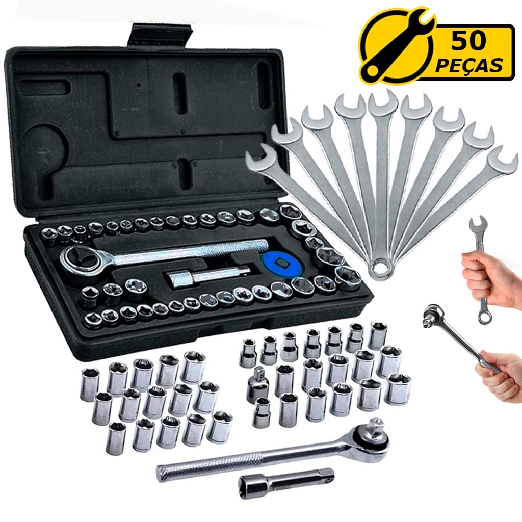 Kit Jogo Ferramentas 50 Peças Com Chave Combinadas Várias Medidas Chave Catraca Reversível Soquetes