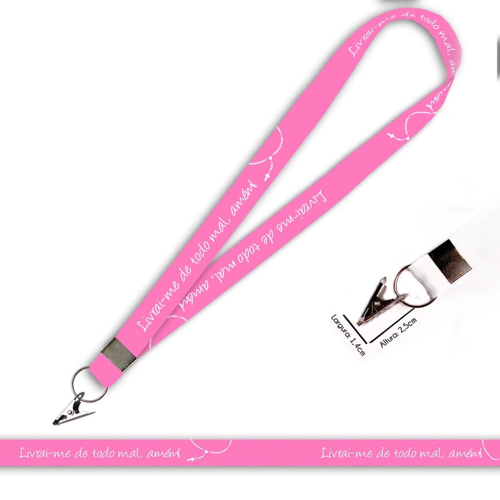 Cordão personalizado LIVRAI DE TODO MAL ROSA para crachá ou chaveiro com Jacaré com Argola