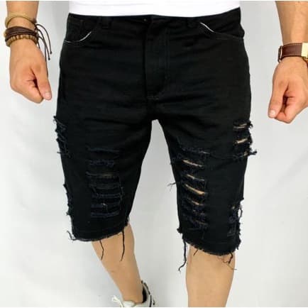 Bermuda Jeans Masculina Rasgada Sarja Destroyed Desfiada Preta direto da fabrica com lycra
