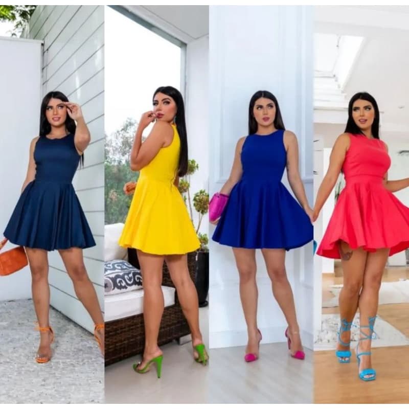 Vestido Feminino Curto Princesa Rodado Bengaline Boneca Super Tendência Verão