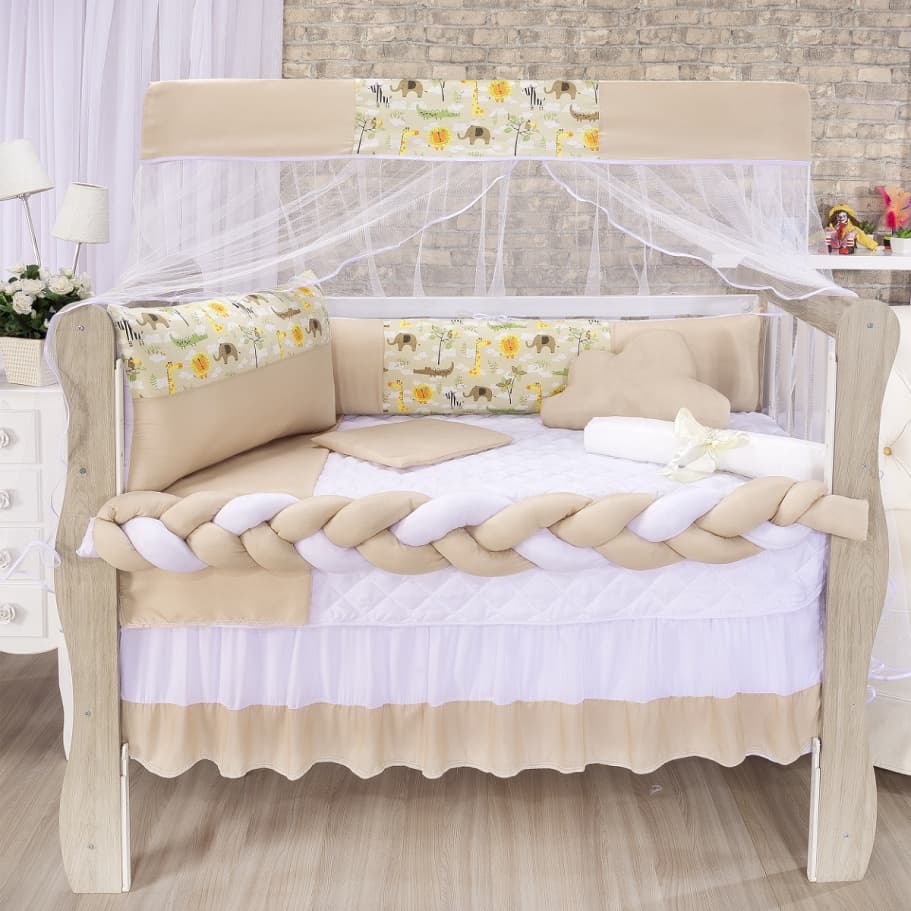 Kit Berço Quarto Bebê -  Menino - Trança Americano e Nacional 11 Peças Completo - Safari Bege
