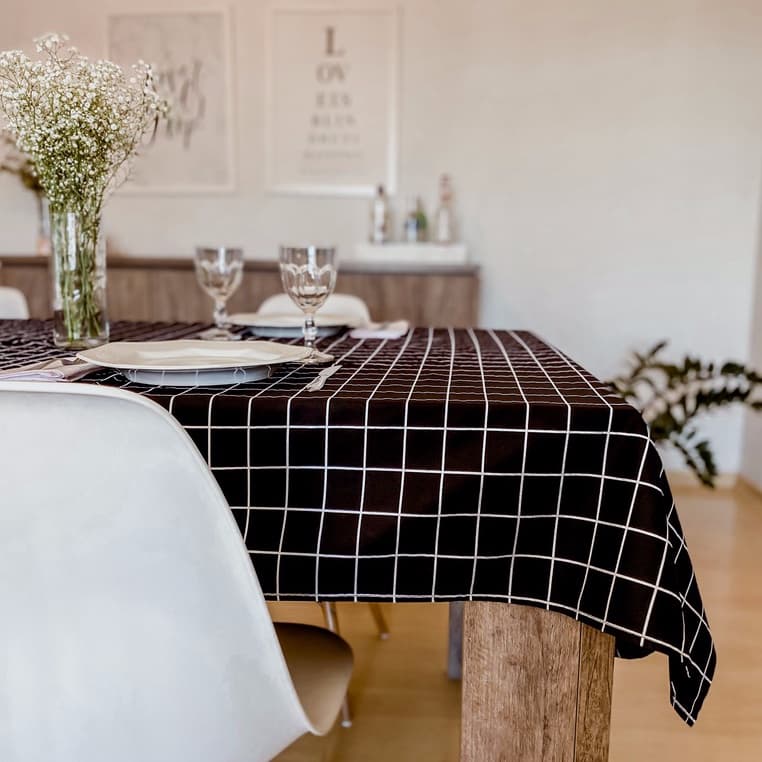 Toalha de Mesa Minimalista Grid | Toalha de Mesa Grid Preto Branco Cinza