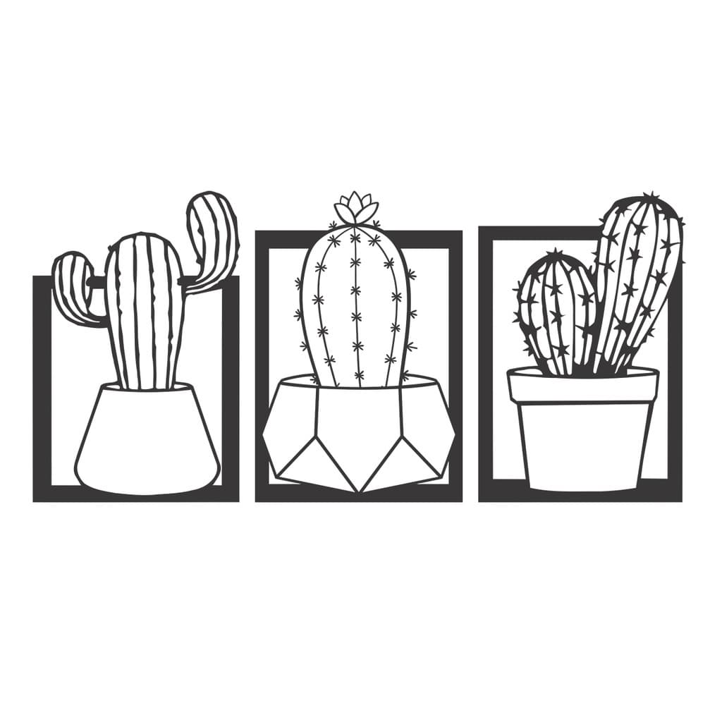 KIT 3 Quadros Decorativos Floral Cactos 3D MDF 3mm Preto Fosco