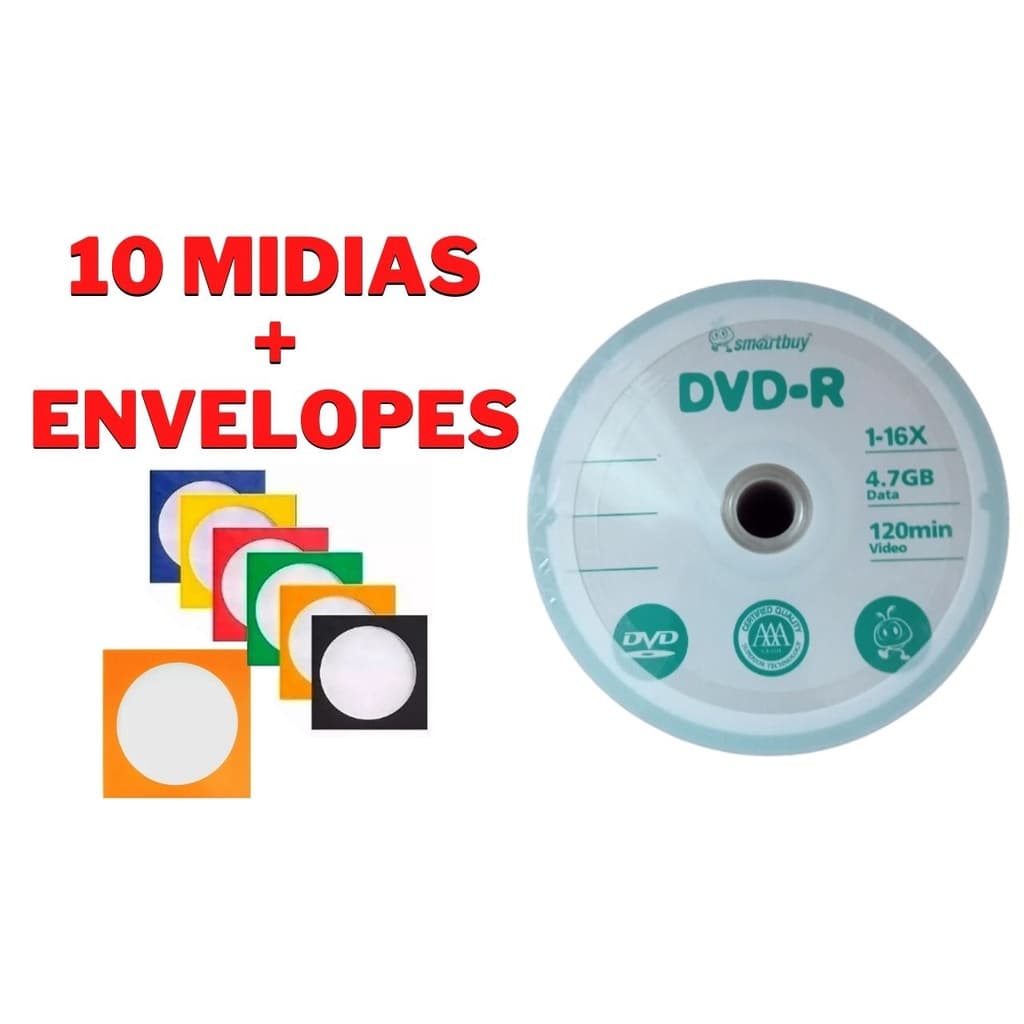 10 Mídia Dvd-r Virgem Smartbuy+10 Envelopes Papel C/visor