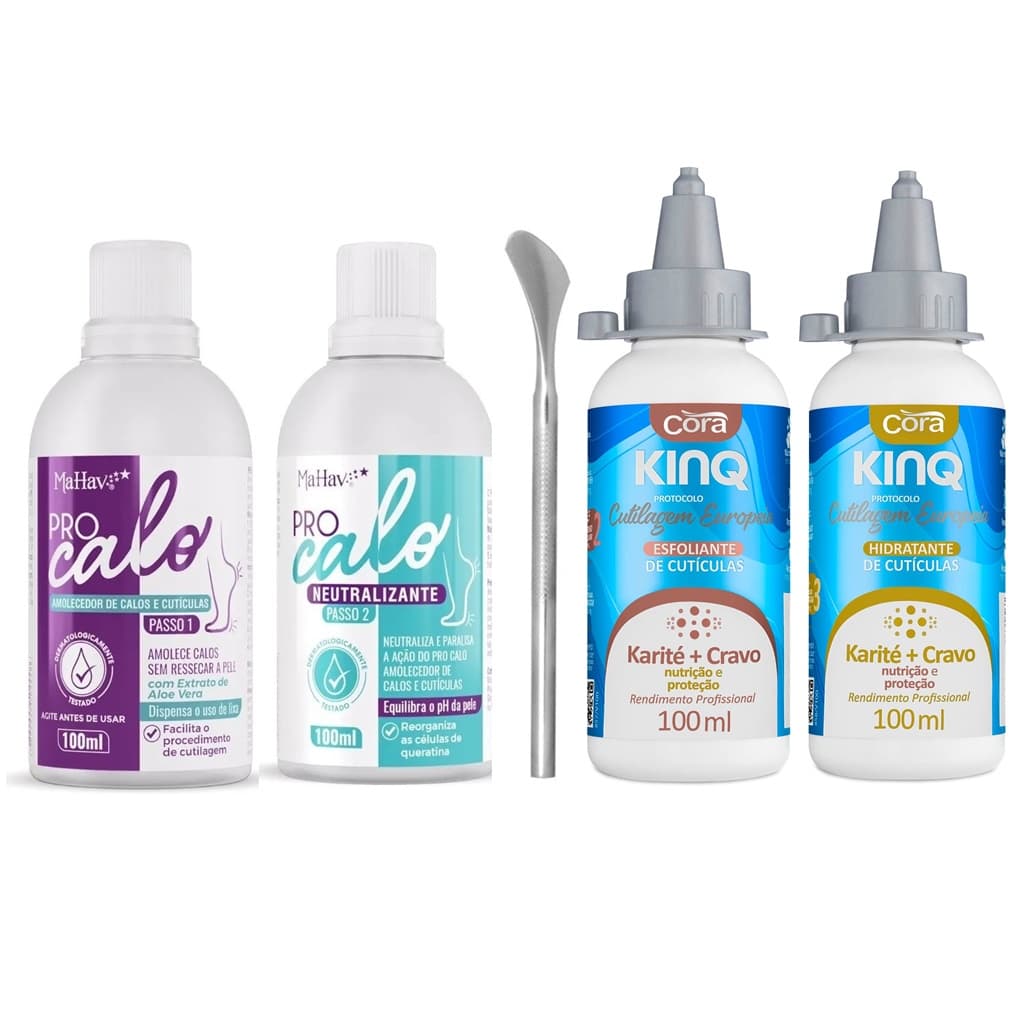 PRO CALO AMOLECEDOR DE CALOS E CUTÍCULAS 100ml+ NEUTRALIZANTE 100ml MAHAV+ ESPÁTULA 222 +ESFOLIANTE DE CUTÍCULAS E HIDRATANTE KARITE+CRAVO