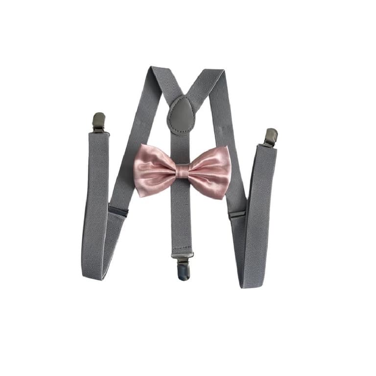Kit Suspensório Cinza Claro + Gravata Borboleta Rosê SS: