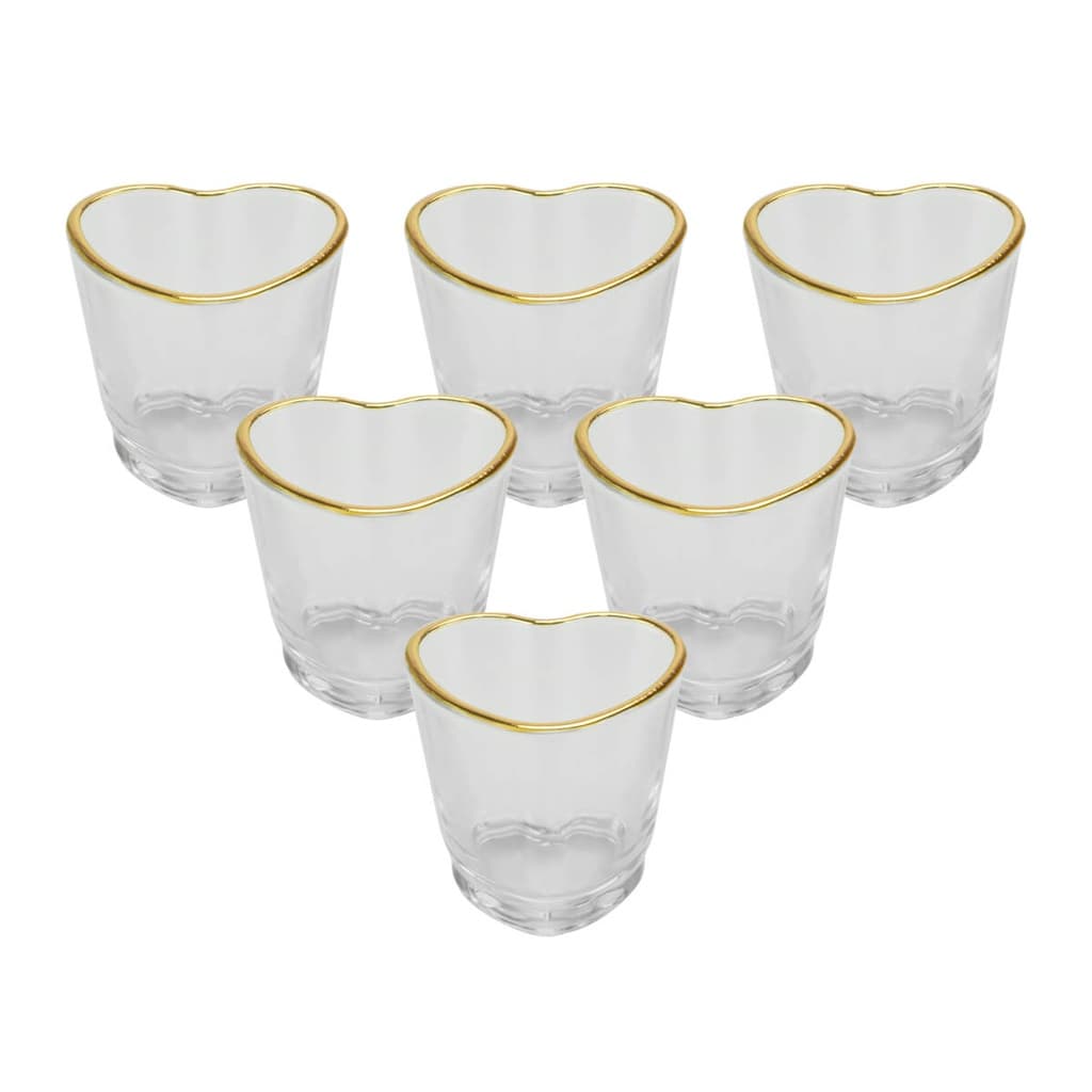 Kit 6 Copos Shot Coração Vidro com Borda Dourada 50ml