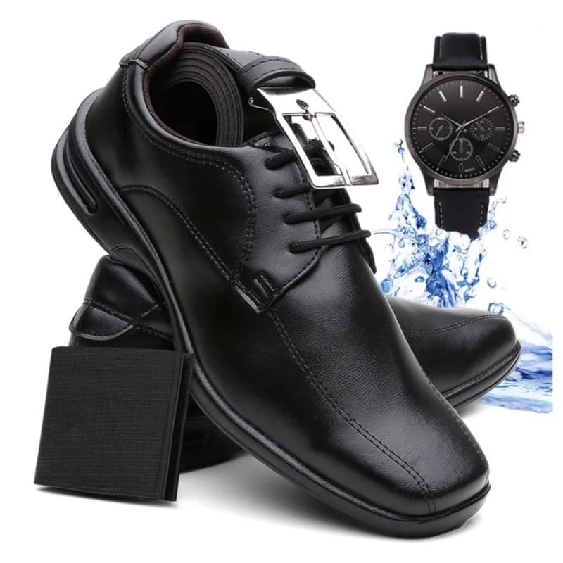 Combo Sapato Social Masculino Casual Elegante Ortopedico de Calce Facil + Cinto Carteira e Relógio