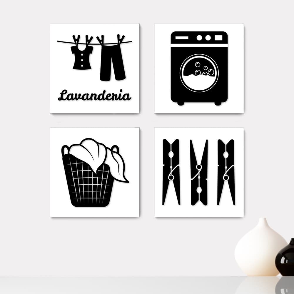 Kit 4 Quadros Decorativos Lavanderia Área de Serviço Casa Quarto Sala Placas - 0002ktpl4