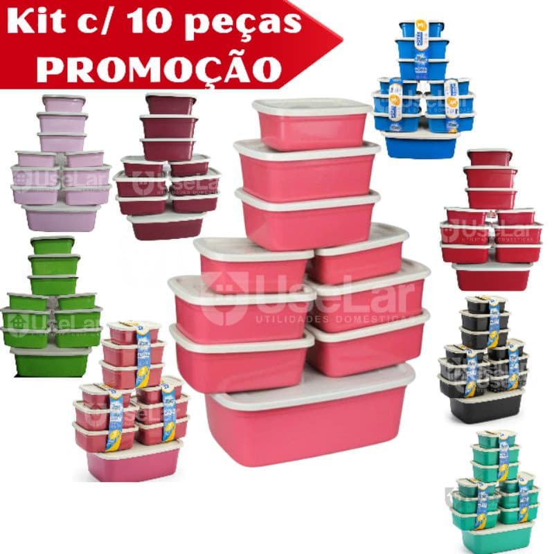 Kit Potes Plástico Hermético com Tampa Conjunto 10 peças Alimentos e Cozinha Tapoer Para Microondas e Freezer