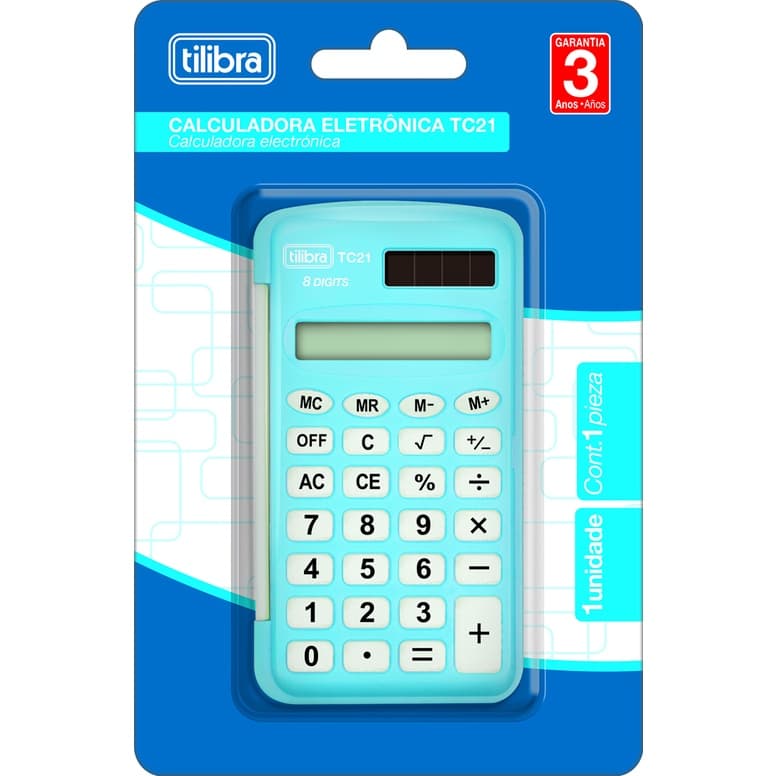Calculadora Tilibra TC21 Azul Claro 8 Dígitos de Bolso com Capa Plástica Ref: 316423