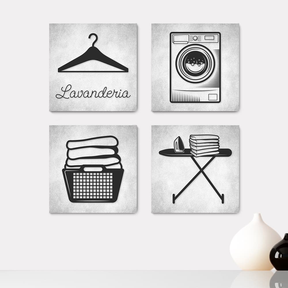 Kit 4 Quadros Decorativos Lavanderia Área de Serviço Casa Quarto Sala Placas - 0003ktpl4