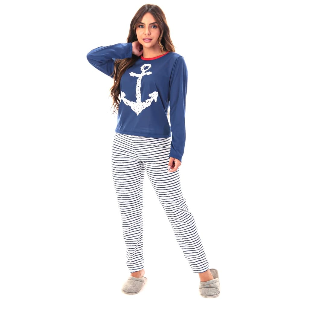 Pijama Feminino De Manga Comprida + Calça Comprida Âncora / Conjunto De Pijama Marinheiro Duas Peças 330