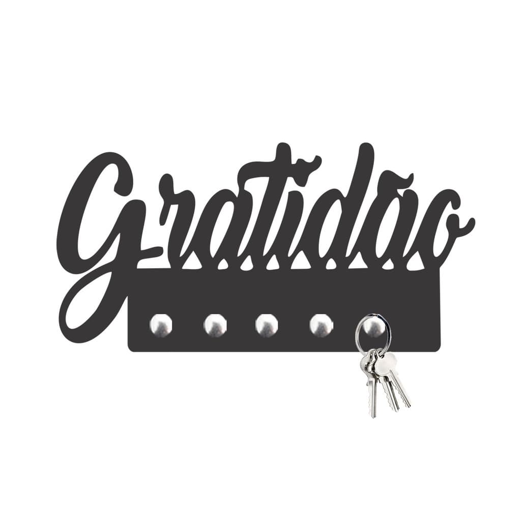 Porta Chaves Gratidão Decorativo de Parede em MDF 3mm Preto Fosco
