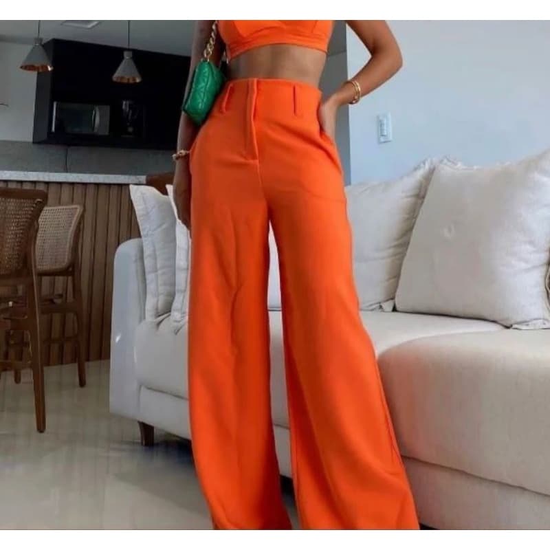 Calça Pantalona feminina cós alto Elegância Tecido Alfaiataria