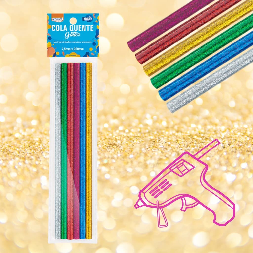Cola Quente GLITTER Colorida Fina - Kit com 6 Cores - BRW (Refil cola quente fina)