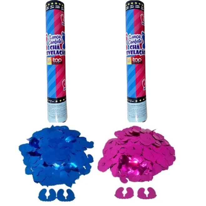 Kit 2 Lança Confetes Chá Revelação Pezinho Bebe Rosa Azul Menina Menino Festas Gestante