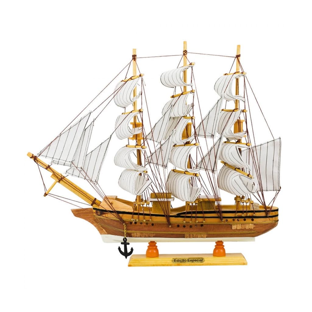 Miniatura Barco Navio Veleiro Madeira Base Branca 37.5x7x44