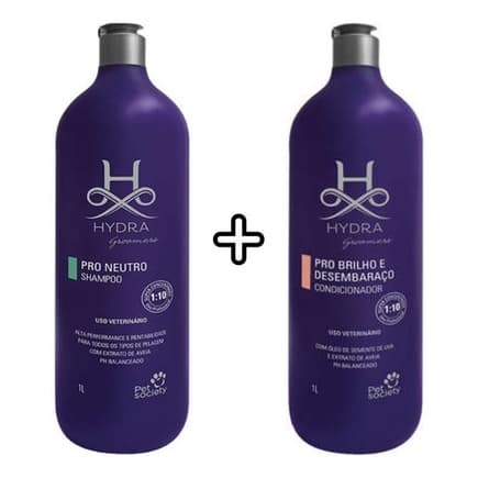 1 Shampoo Hydra  Neutro 1L+ 1 Condicionador Brilho e Desembaraço Hydra 1L Cães e Gatos Pet Society